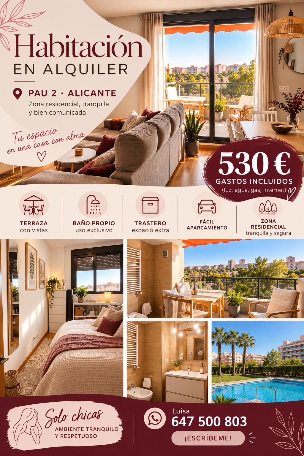 Habitación con terraza, piscina, pista de padel, trastero y zona de aparcamiento en Alicante